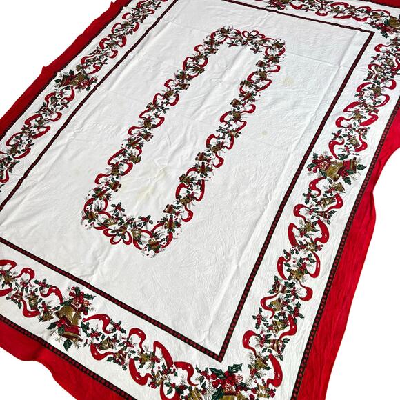 Vintage Christmas tablecloth Y2K long rectangle holiday white red green FLAWS - Picture 9 of 9